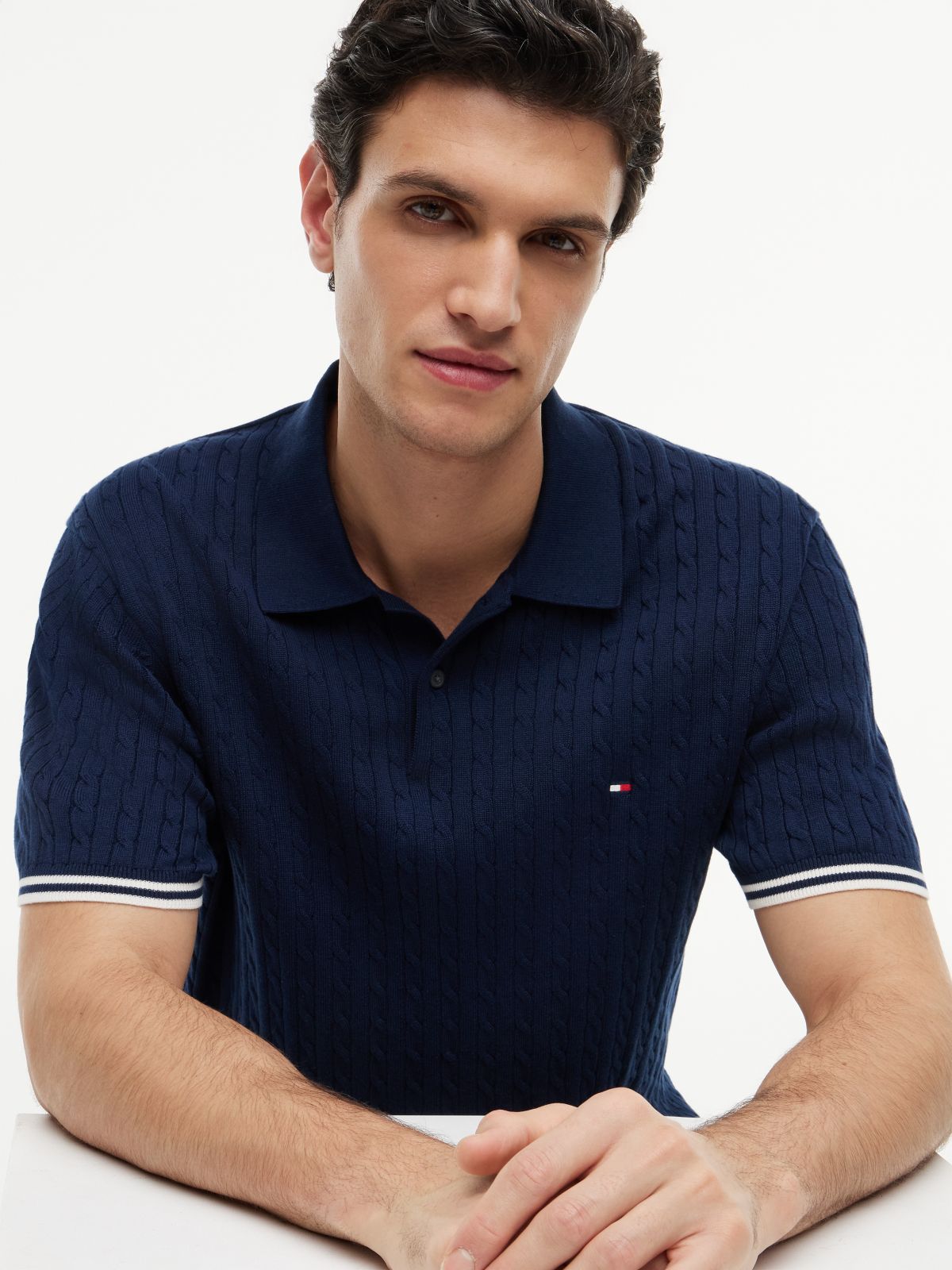 Cable Knit Short Sleeve Polo Jumper — Blue