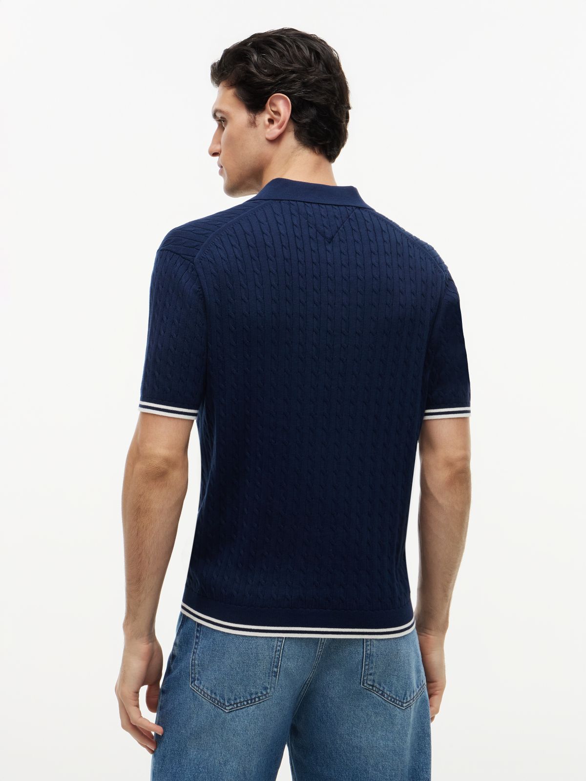 Cable Knit Short Sleeve Polo Jumper — Blue