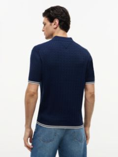 Cable Knit Short Sleeve Polo Jumper — Blue 4
