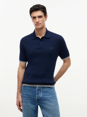 blue cable knit short sleeve polo jumper for men tommy hilfiger
