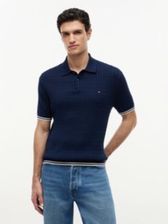 Cable Knit Short Sleeve Polo Jumper — Blue 1