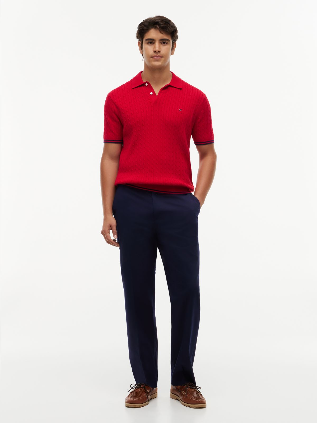 Cable Knit Short Sleeve Polo Jumper — Red