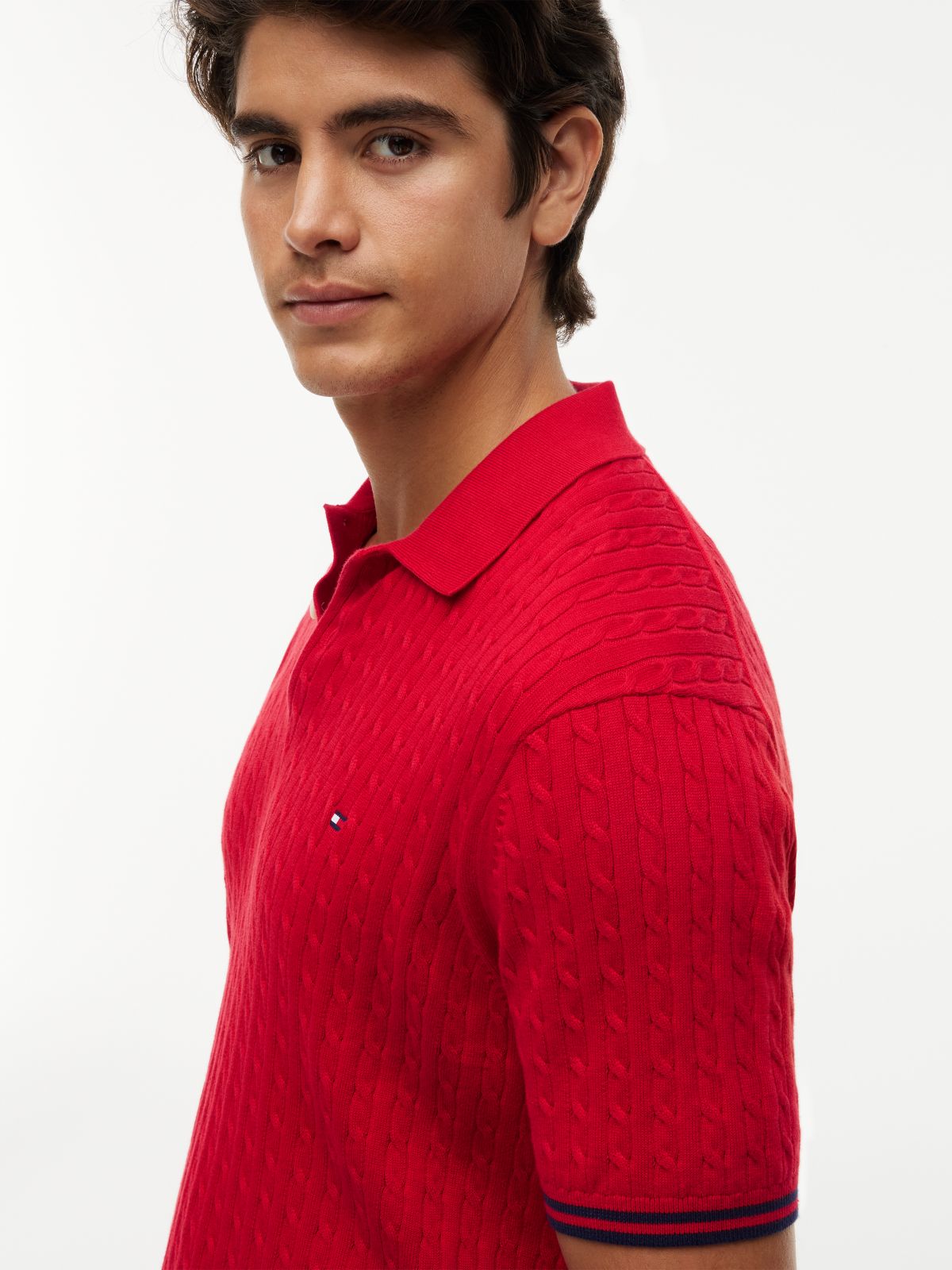 Cable Knit Short Sleeve Polo Jumper — Red