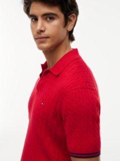 Cable Knit Short Sleeve Polo Jumper — Red 3