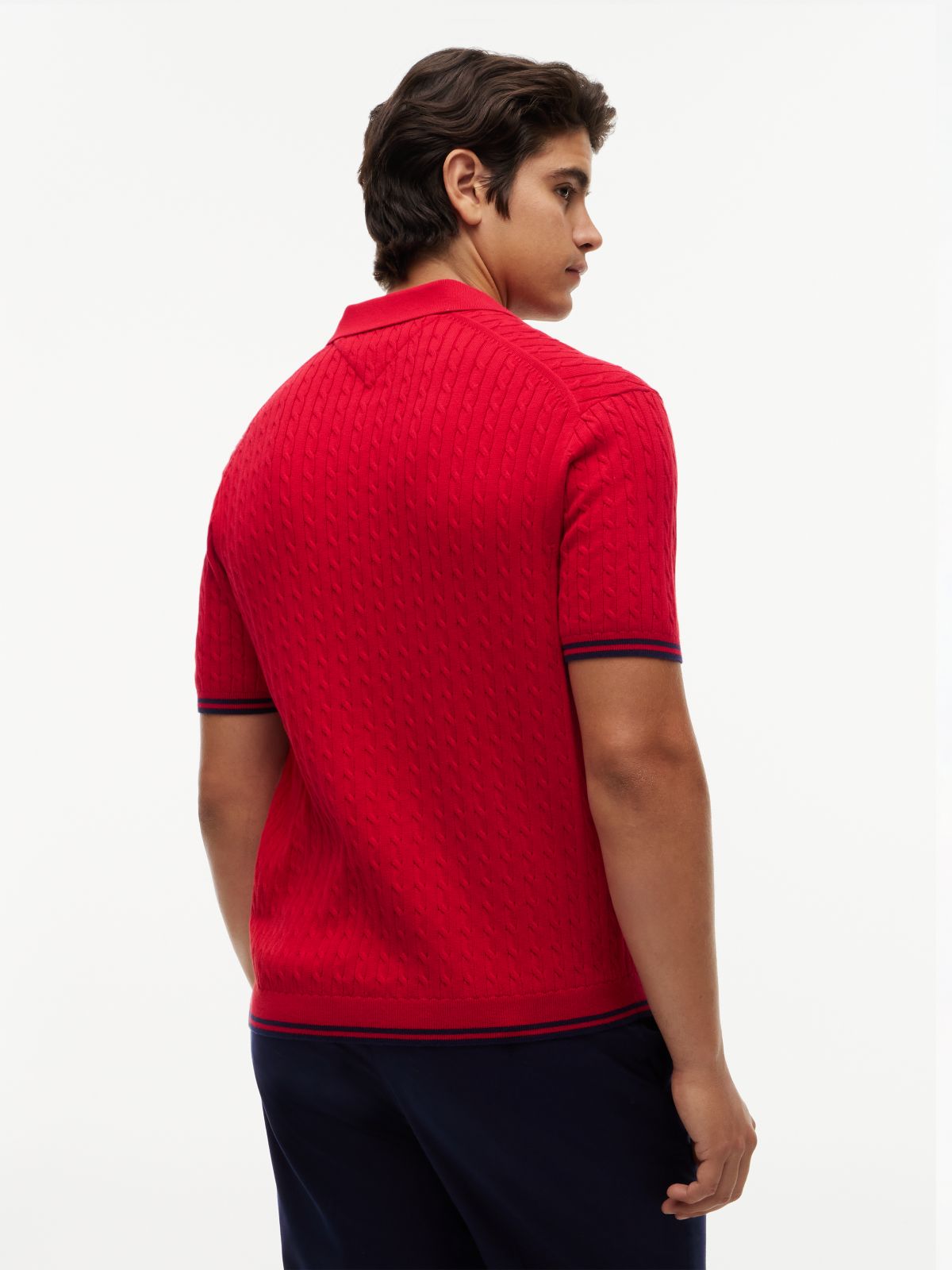 Cable Knit Short Sleeve Polo Jumper — Red