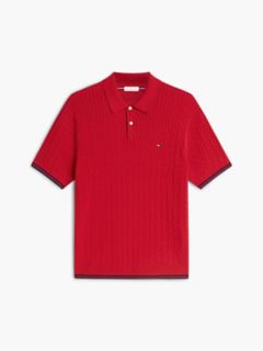 Cable Knit Short Sleeve Polo Jumper — Red 5