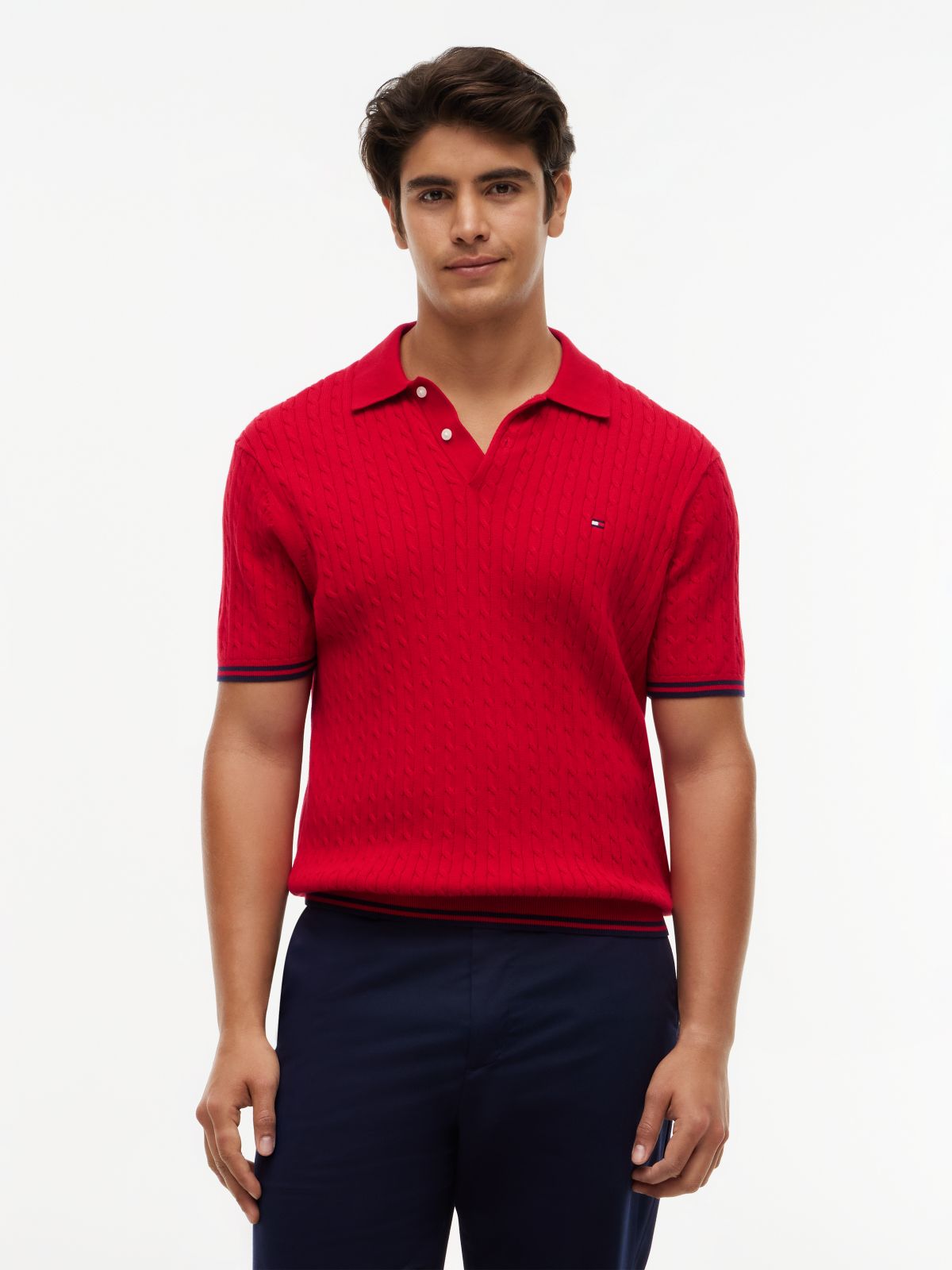 Cable Knit Short Sleeve Polo Jumper — Red