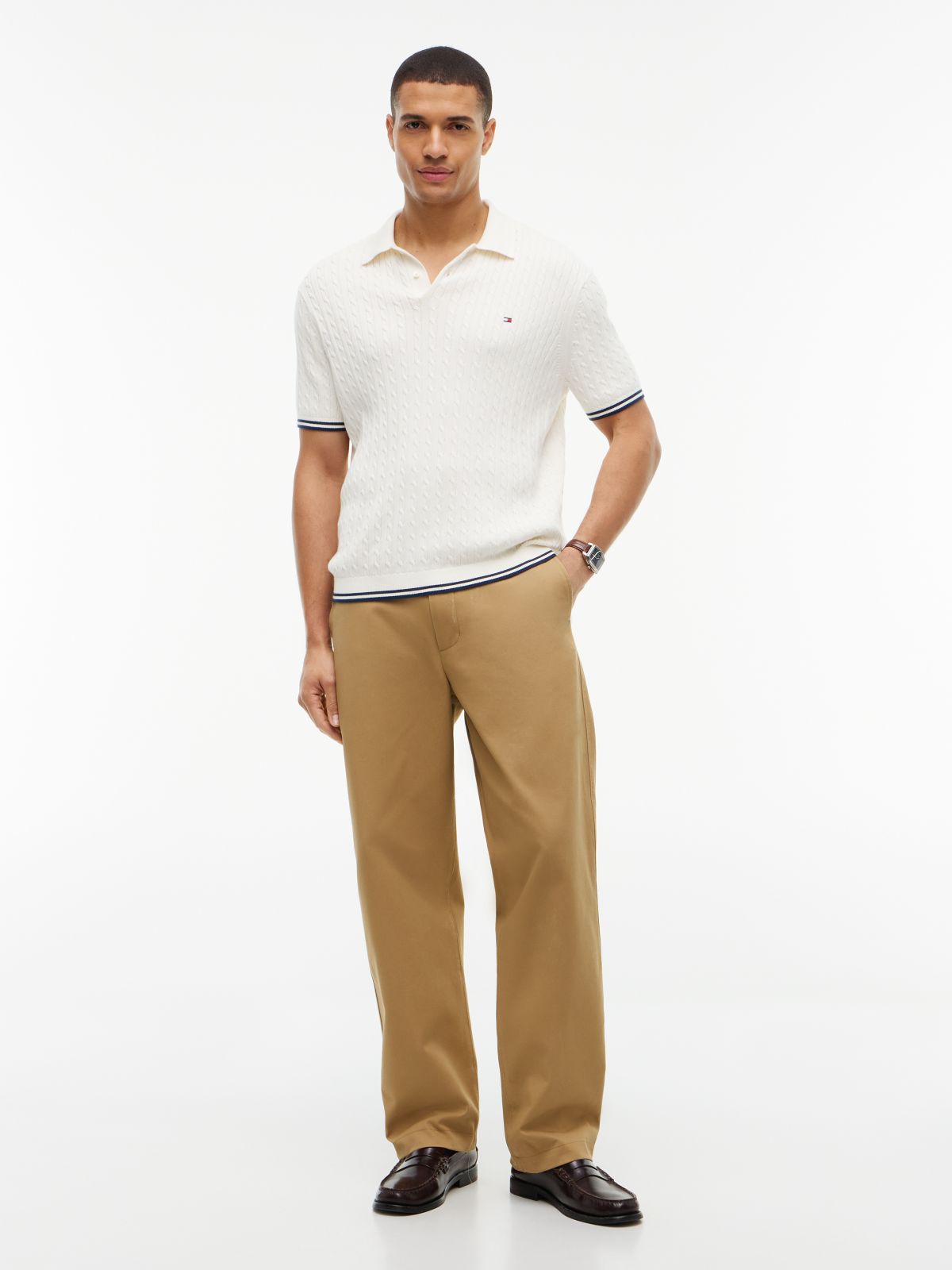 Cable Knit Short Sleeve Polo Jumper — White