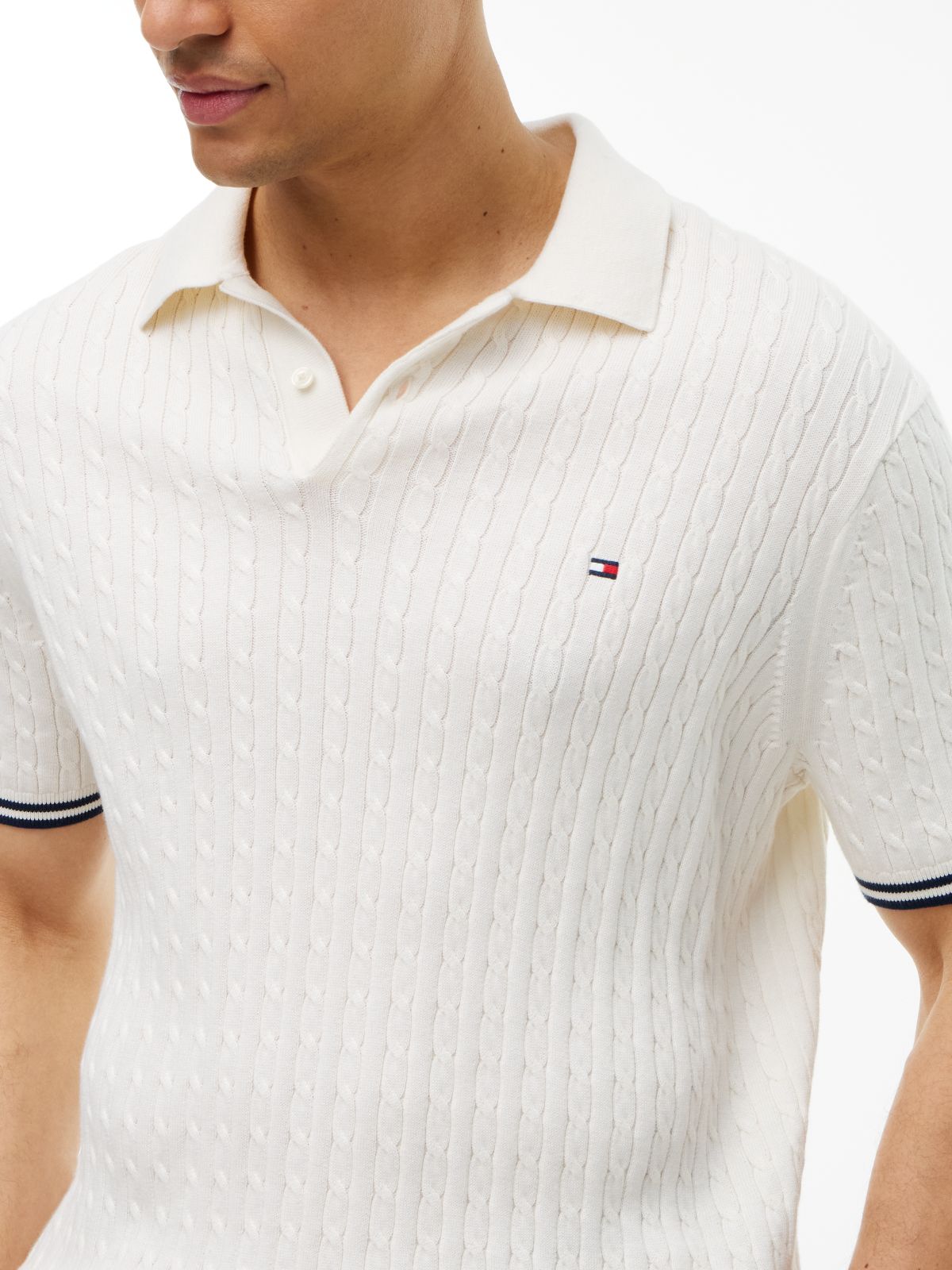 Cable Knit Short Sleeve Polo Jumper — White