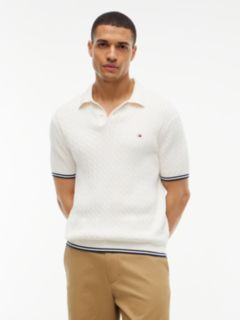 Cable Knit Short Sleeve Polo Jumper — White 1