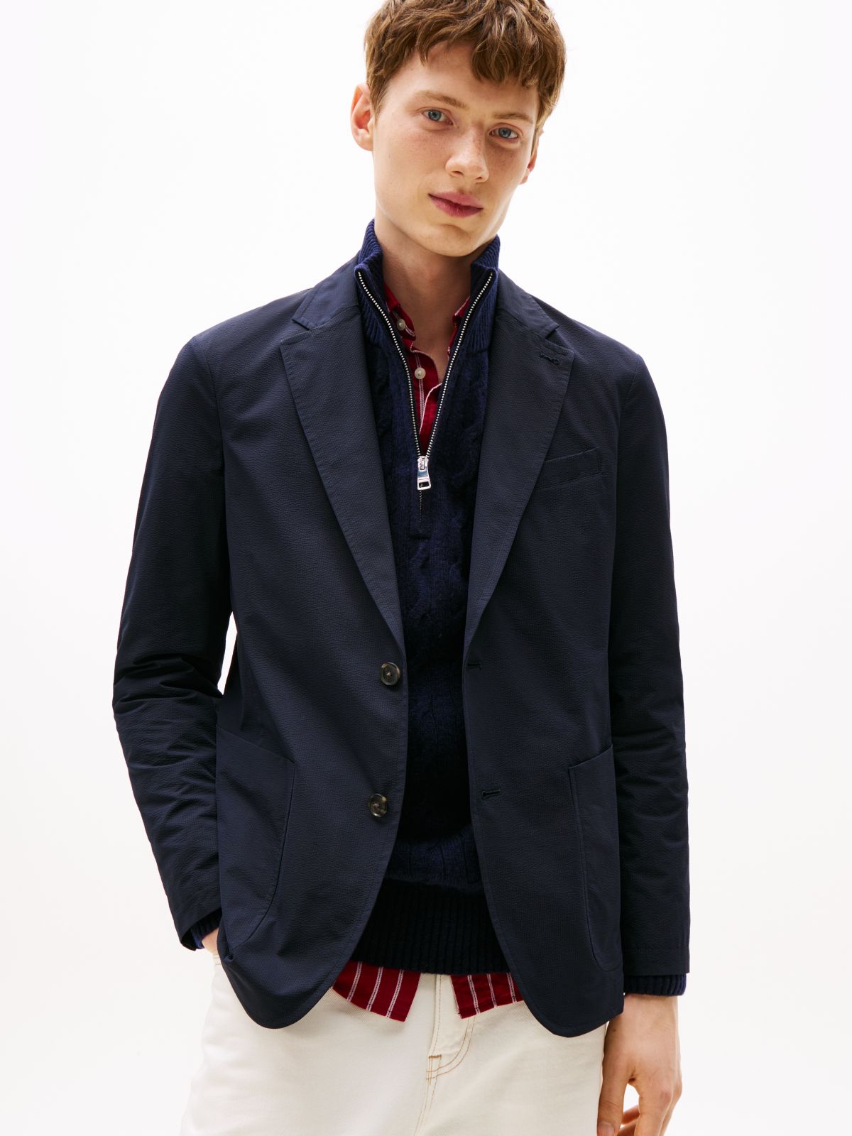 Performance Packable Water Repellent Seersucker Blazer — Blue