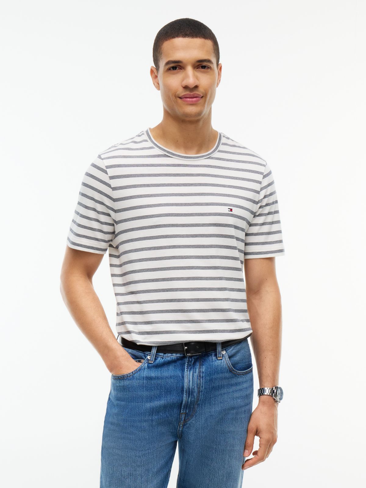 Flag Embroidery Stripe Jersey T-Shirt — Blue