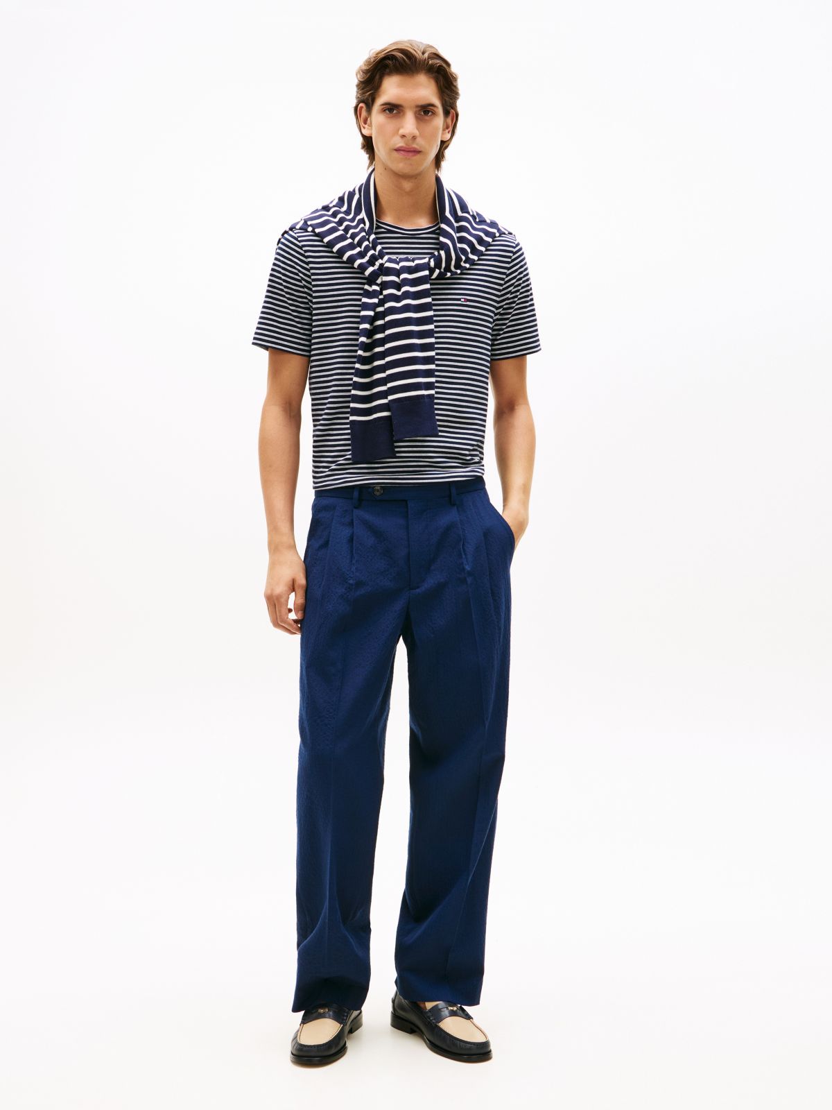 Flag Embroidery Stripe Jersey T-Shirt — Blue