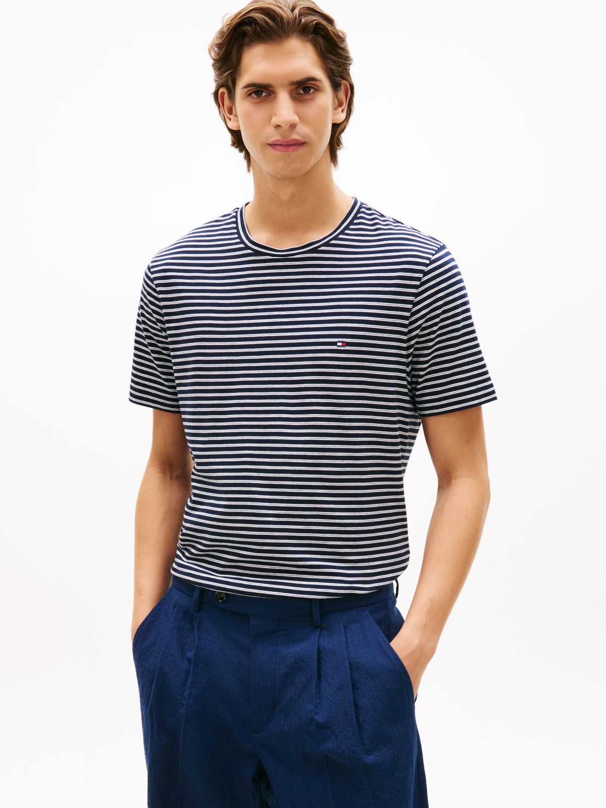 Flag Embroidery Stripe Jersey T-Shirt — Blue