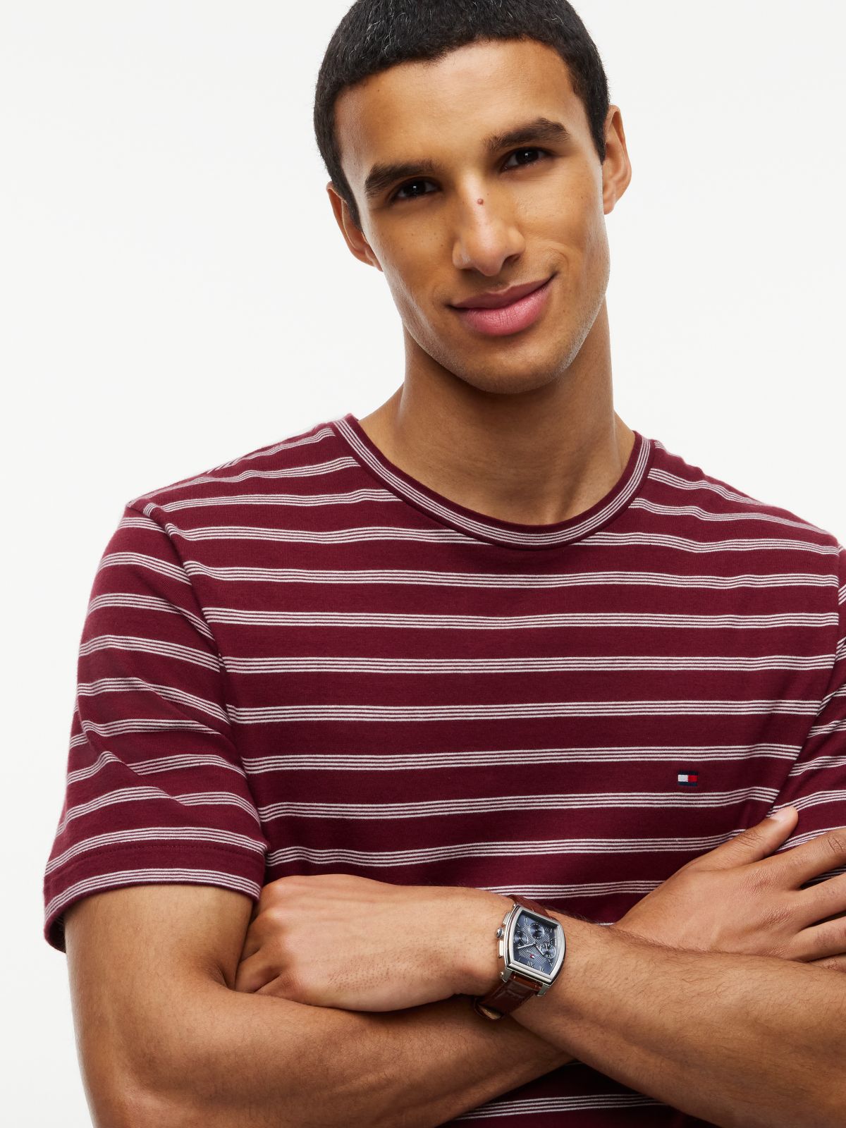 Flag Embroidery Stripe Jersey T-Shirt — Red