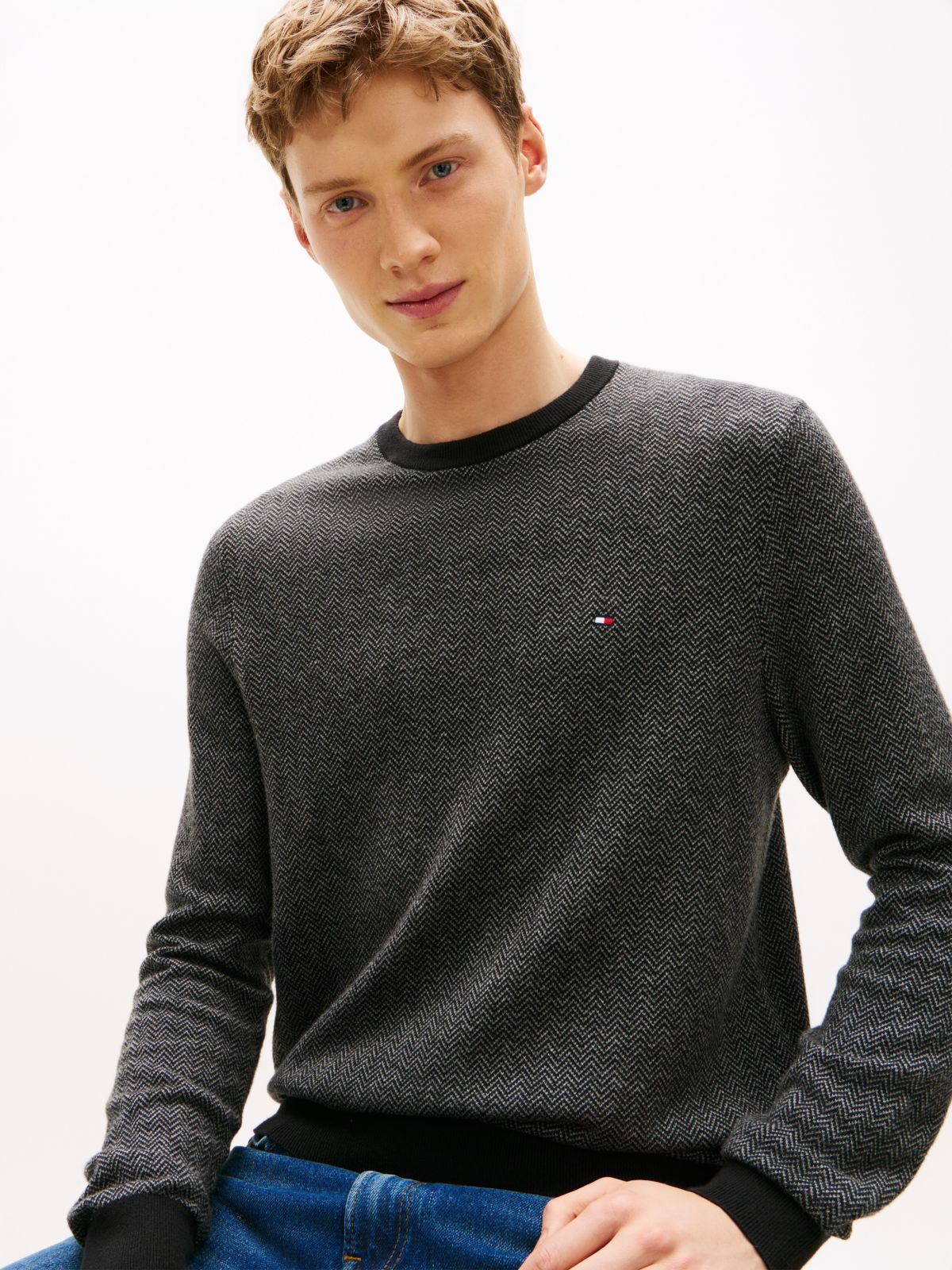 Herringbone Knit Jumper With Cashmere — Grey