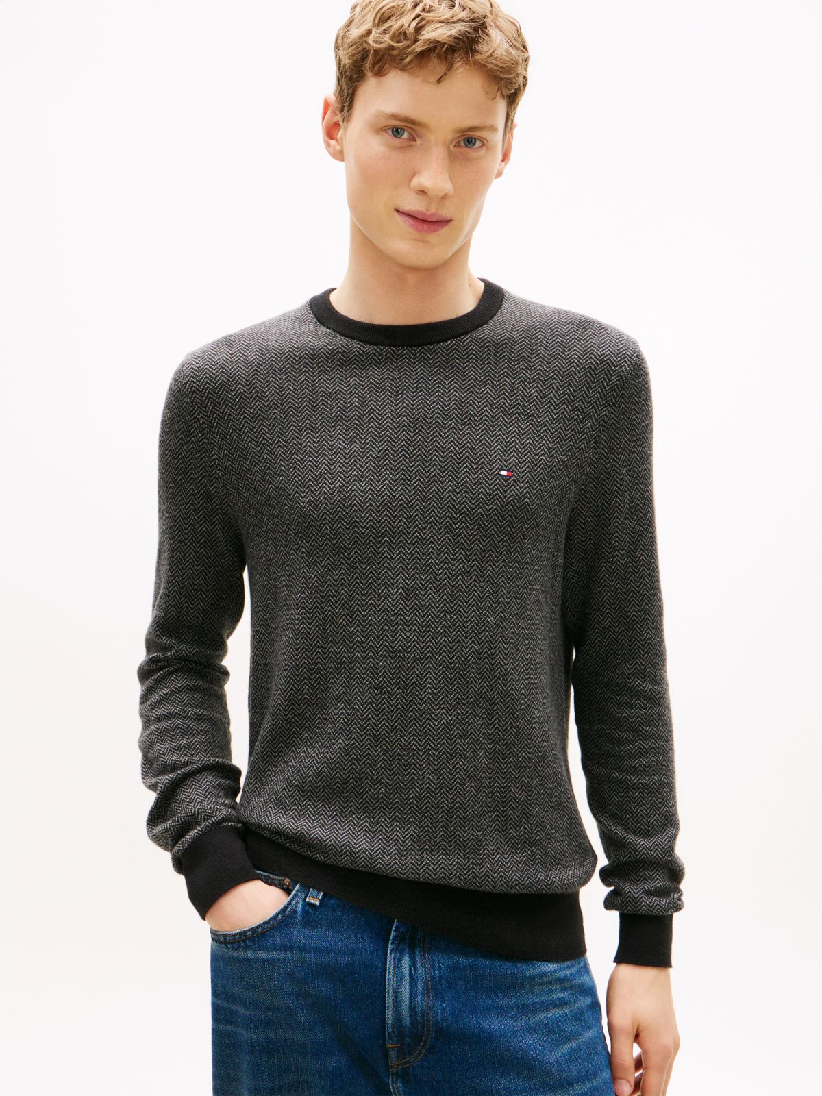 Herringbone Knit Jumper With Cashmere — Grey