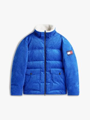 blue corduroy down hooded puffer jacket for men tommy hilfiger