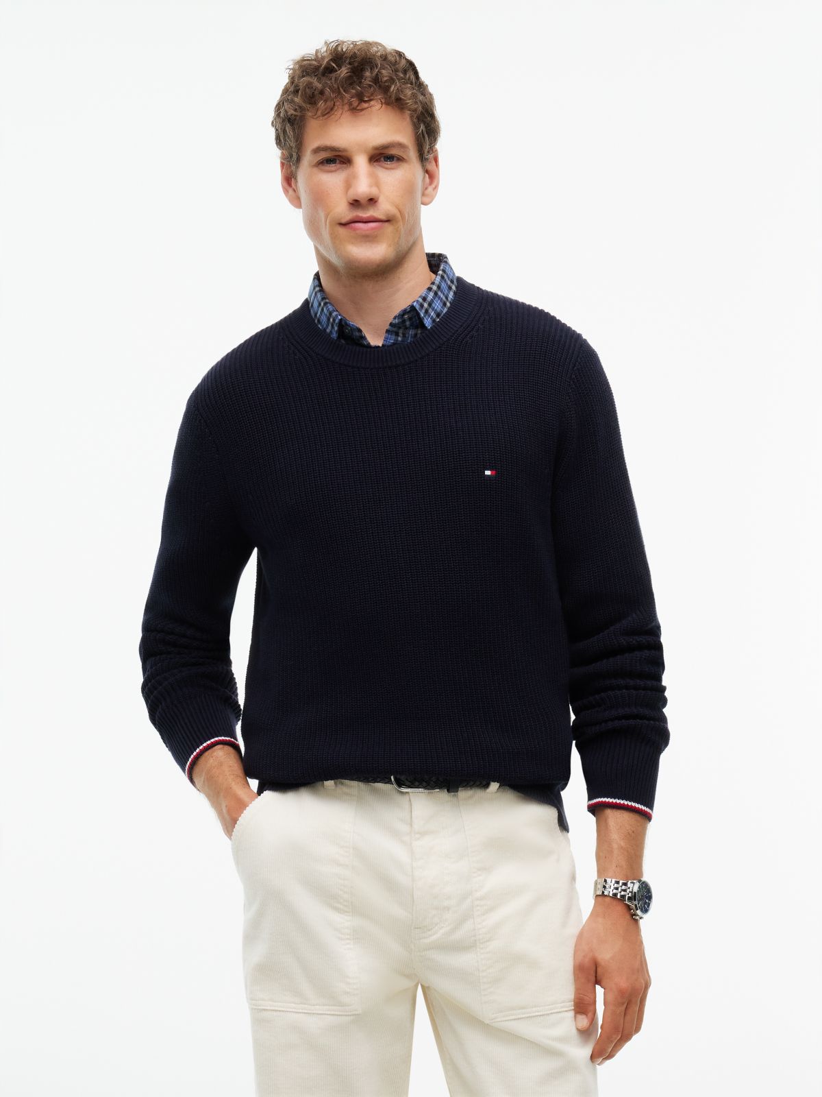 Tipped Cuff Crew Neck Jumper — Blue
