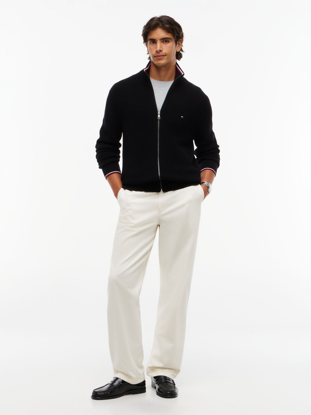 Tipped Cuff Ribbed Zip-Thru Jumper — Black