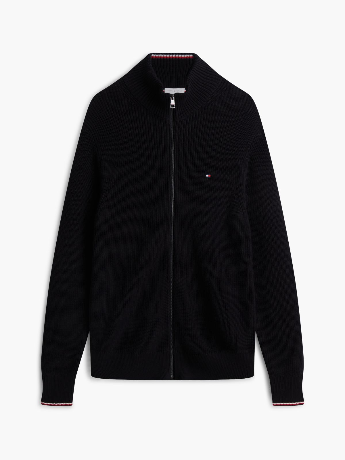 Tipped Cuff Ribbed Zip-Thru Jumper — Black