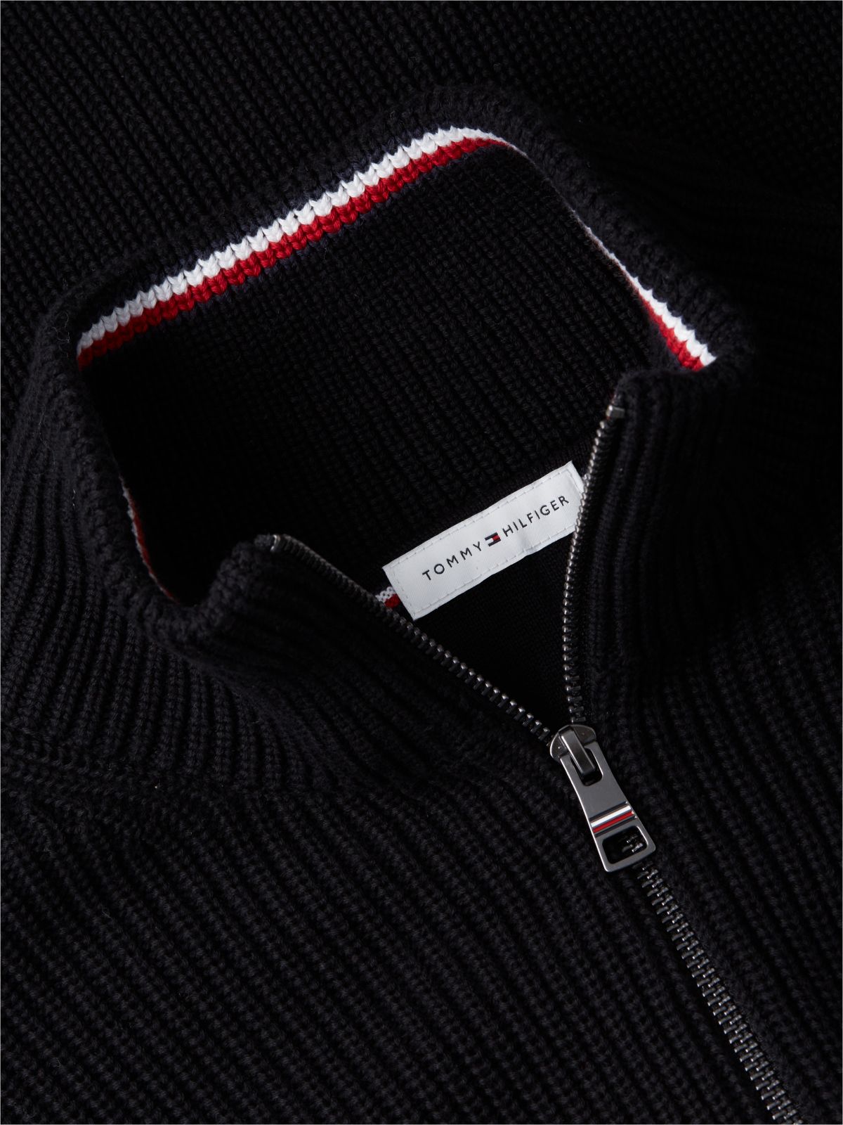 Tipped Cuff Ribbed Zip-Thru Jumper — Black