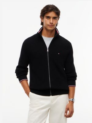 black tipped cuff ribbed zip-thru jumper for men tommy hilfiger