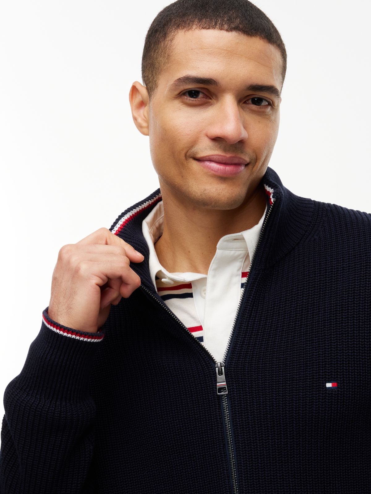 Tipped Cuff Ribbed Zip-Thru Jumper — Blue