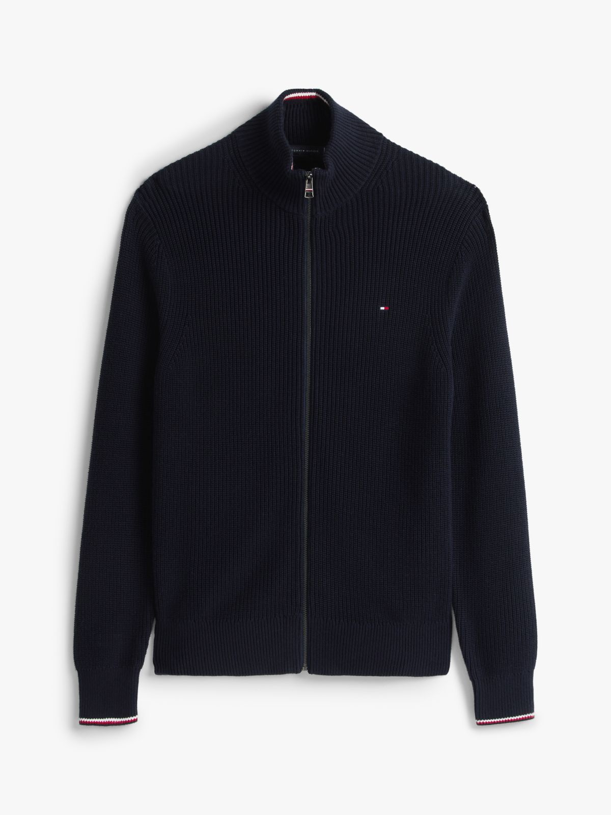 Tipped Cuff Ribbed Zip-Thru Jumper — Blue