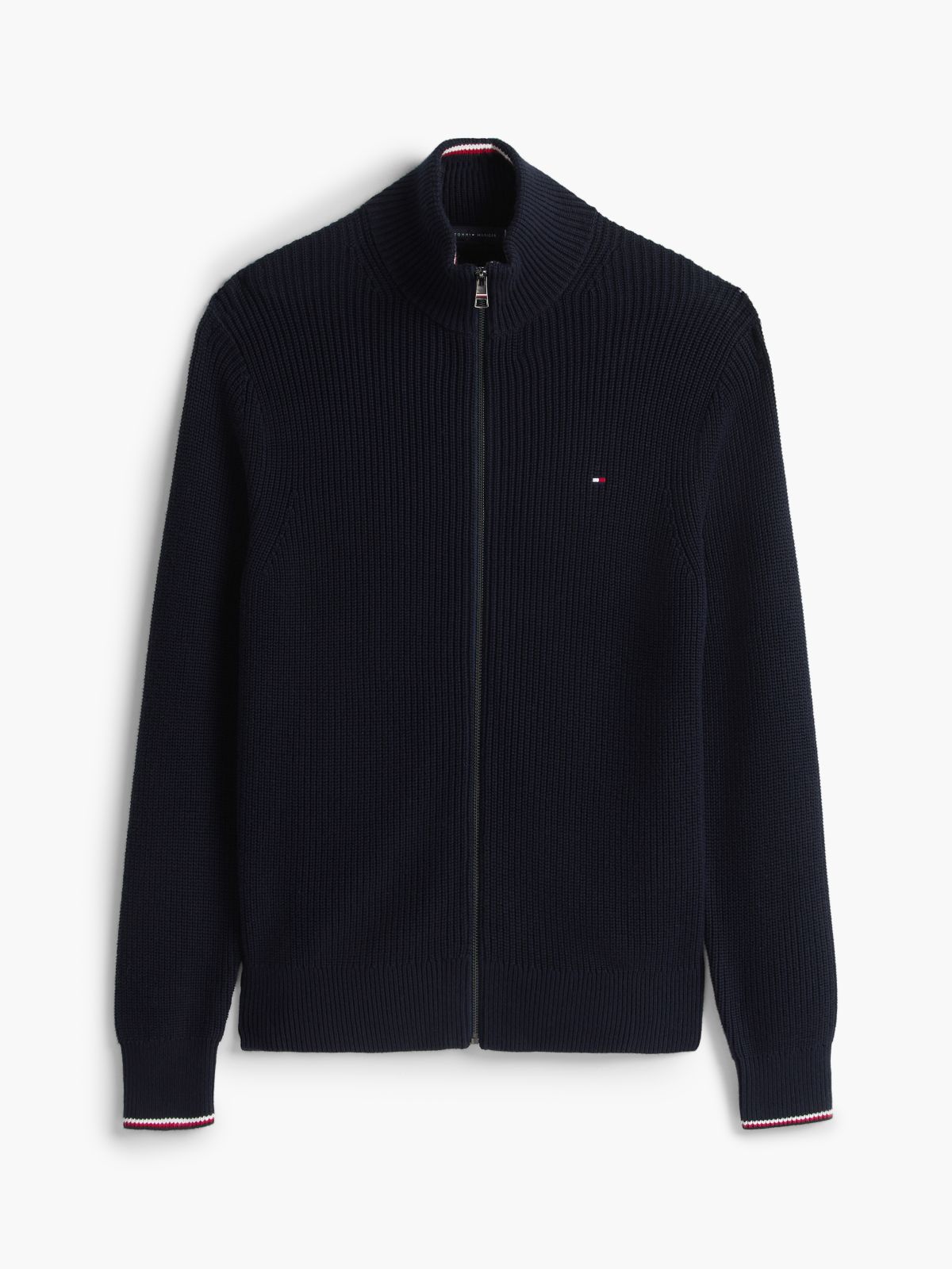 Tipped Cuff Ribbed Zip-Thru Jumper — Blue