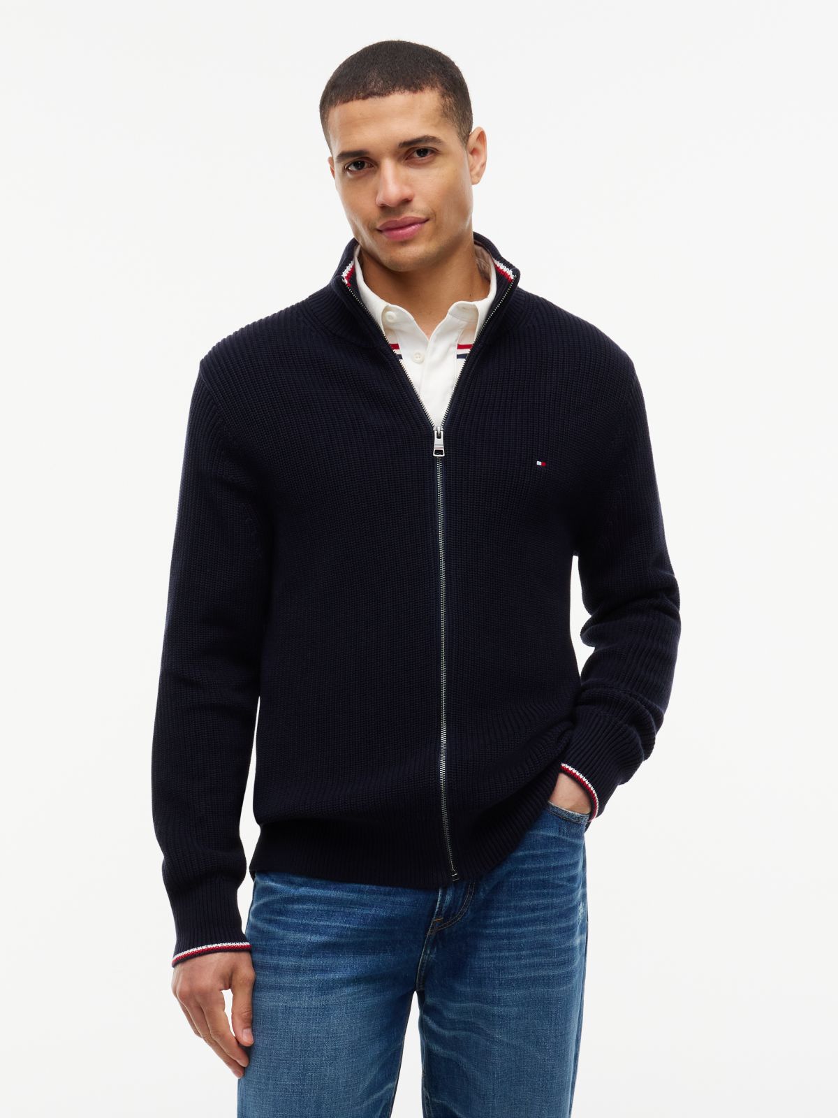 Tipped Cuff Ribbed Zip-Thru Jumper — Blue