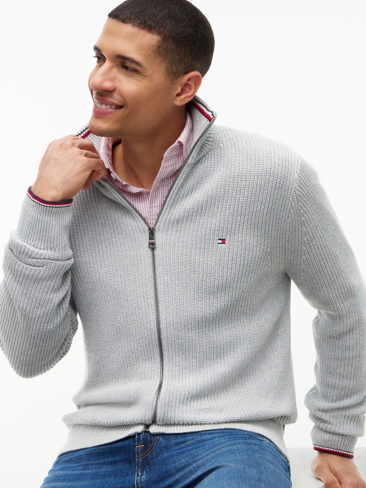 Tipped Cuff Ribbed Zip-Thru Jumper — Grey