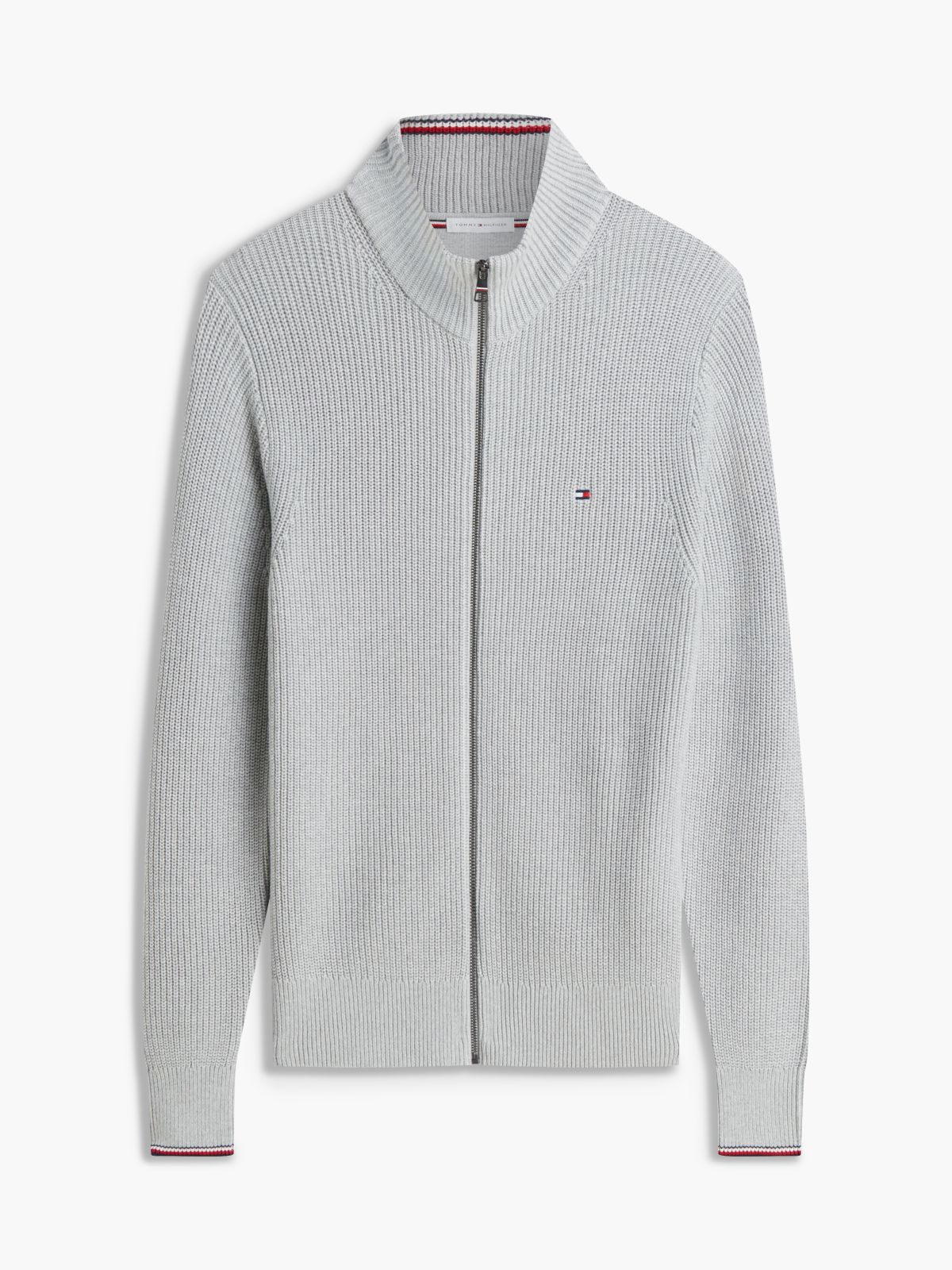 Tipped Cuff Ribbed Zip-Thru Jumper — Grey