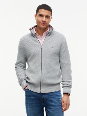 grey tipped cuff ribbed zip-thru jumper for men tommy hilfiger