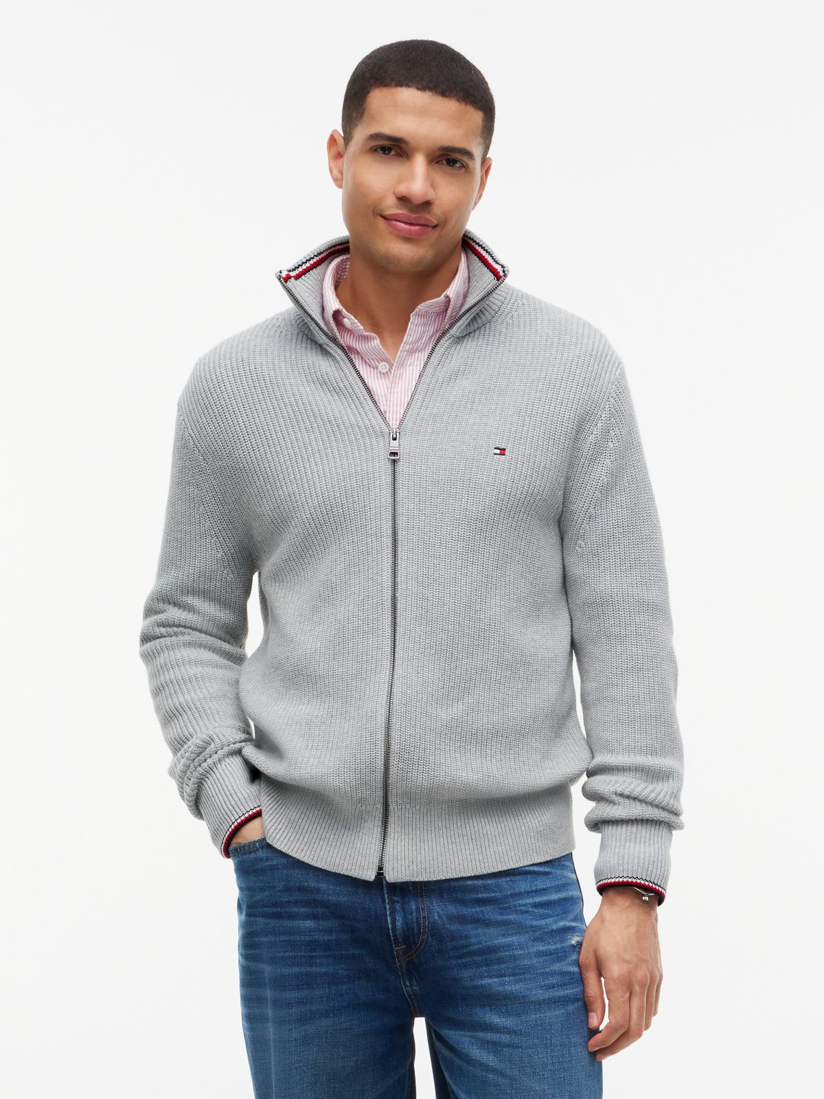 Tipped Cuff Ribbed Zip-Thru Jumper — Grey