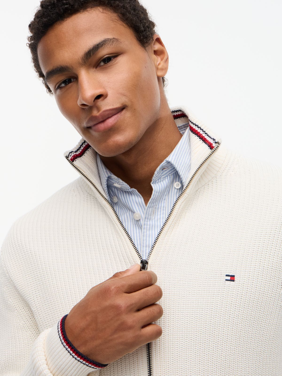 Tipped Cuff Ribbed Zip-Thru Jumper — Yellow