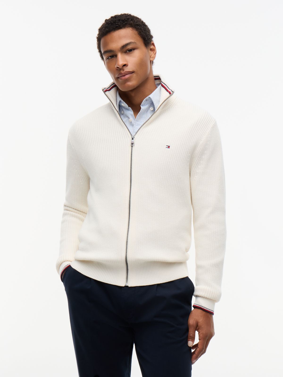 Tipped Cuff Ribbed Zip-Thru Jumper — Yellow