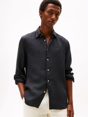 black regular fit hemd aus reinem, gewaschenem leinen für herren - tommy hilfiger