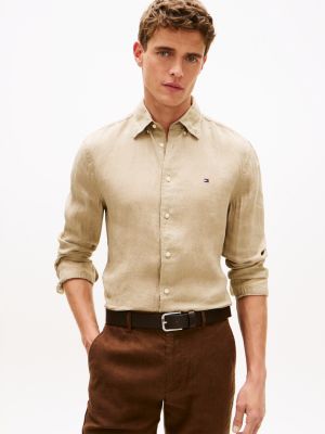 khaki regular fit hemd aus reinem, gewaschenem leinen für herren - tommy hilfiger