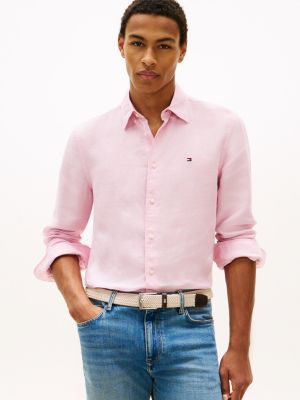 pink regular fit washed pure linen shirt for men tommy hilfiger