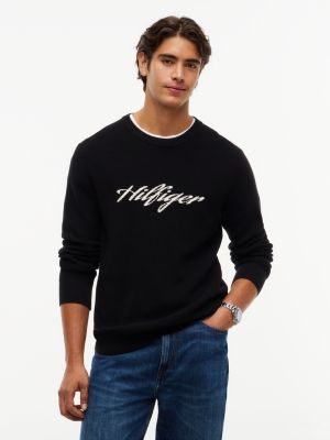 black intarsia logo crew neck jumper for men tommy hilfiger