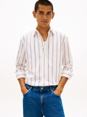 white regular fit logo pinstripe jacquard shirt for men tommy hilfiger