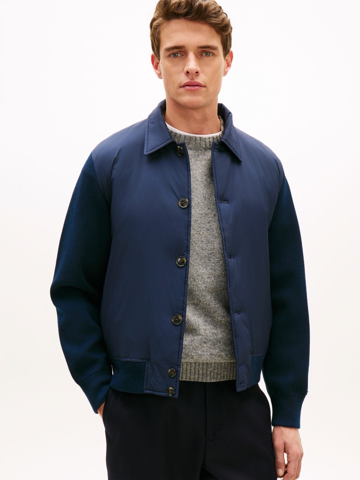 Smart Casual Mixed Texture Relaxed Jacket — Blue