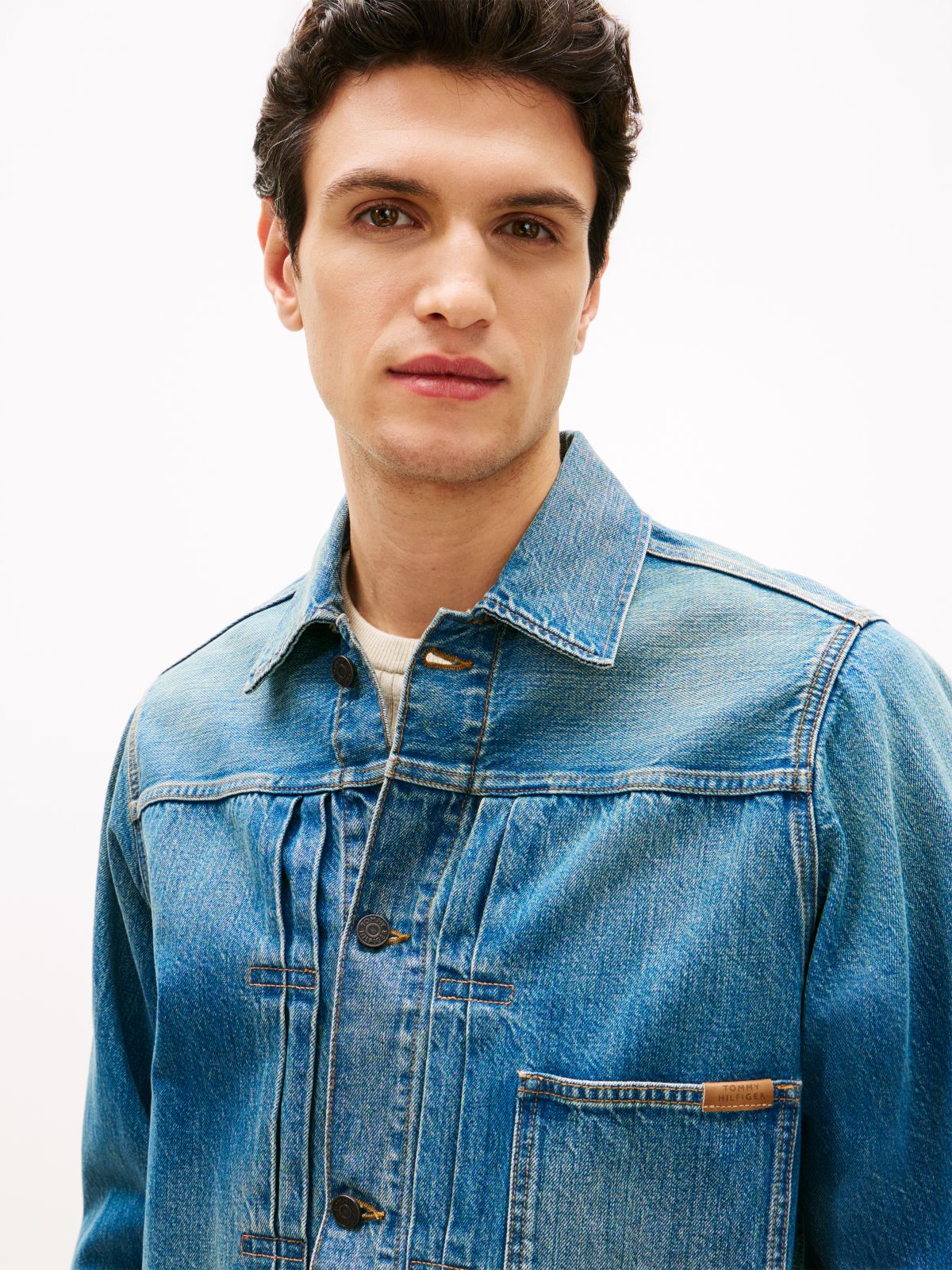 Cinch Back Denim Trucker Jacket — Blue