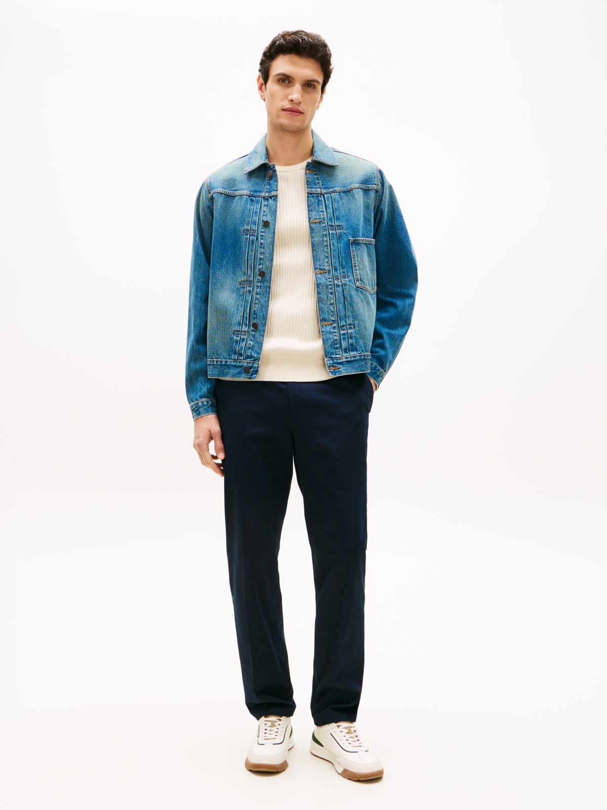 Cinch Back Denim Trucker Jacket — Blue