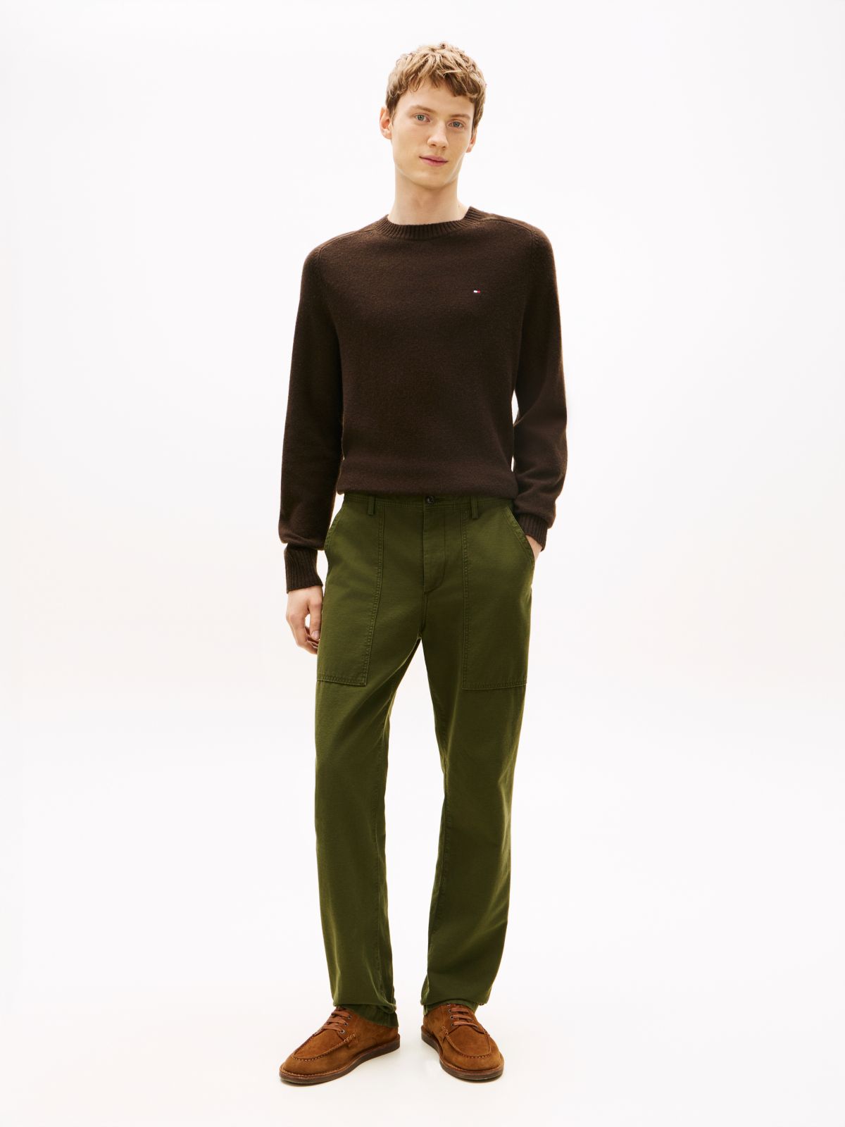 Washed Textured Sateen Utility Trousers — Green