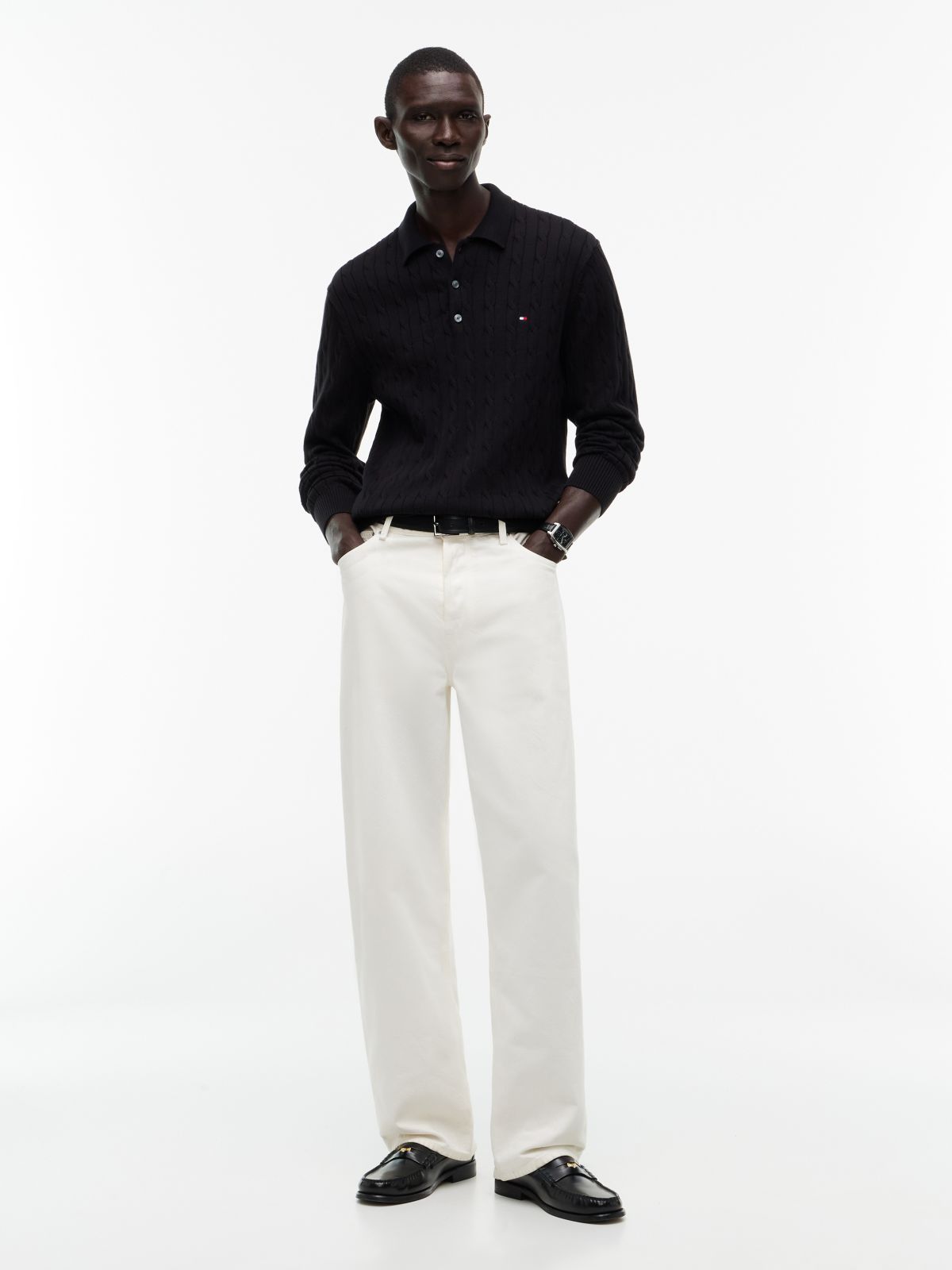 Cable Knit Polo Jumper — Black