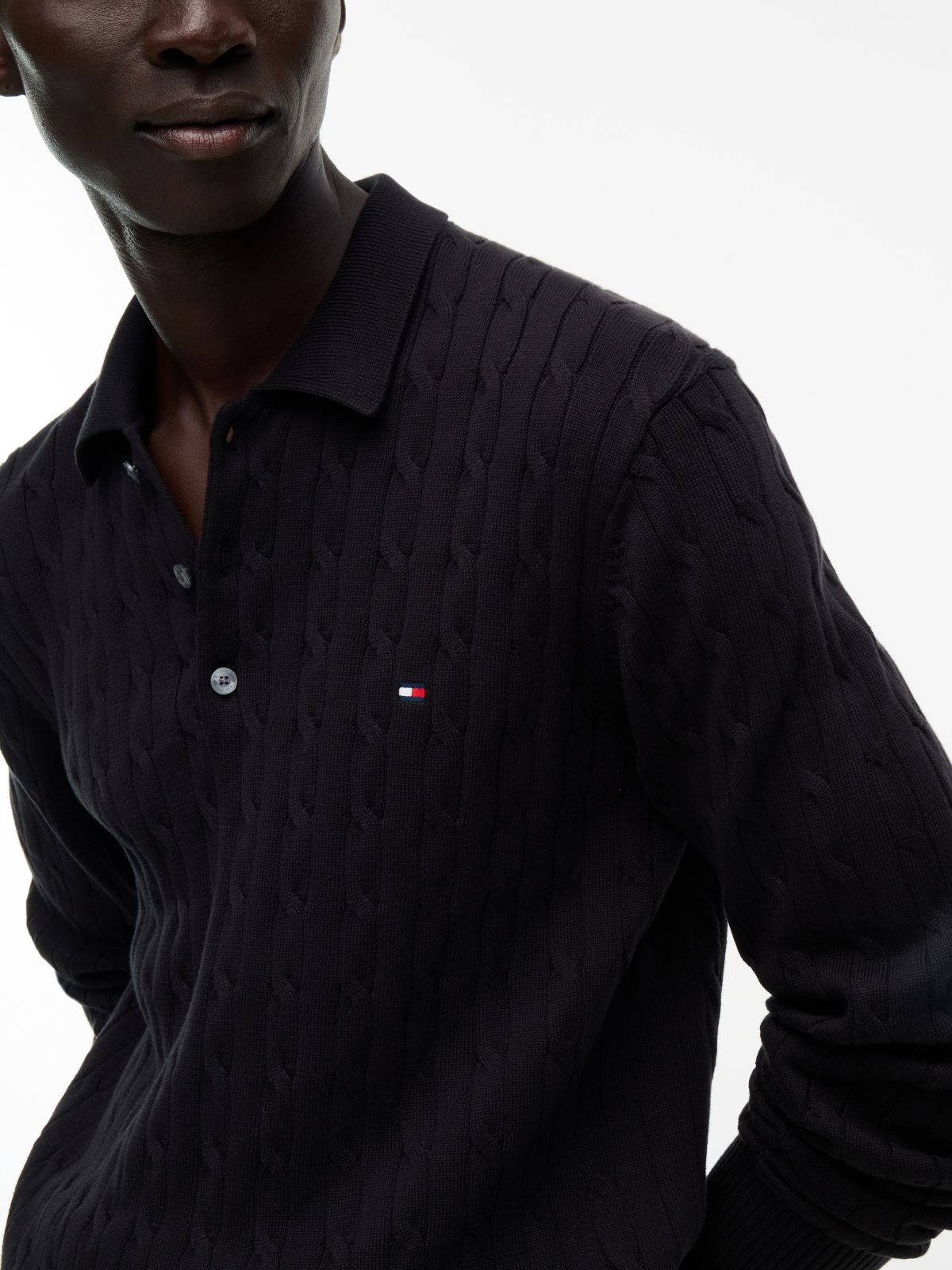 Cable Knit Polo Jumper — Black