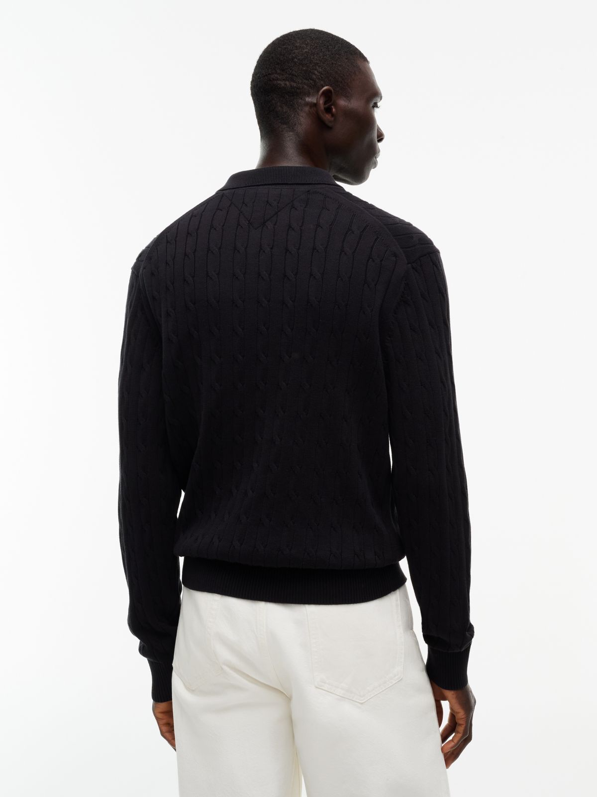 Cable Knit Polo Jumper — Black