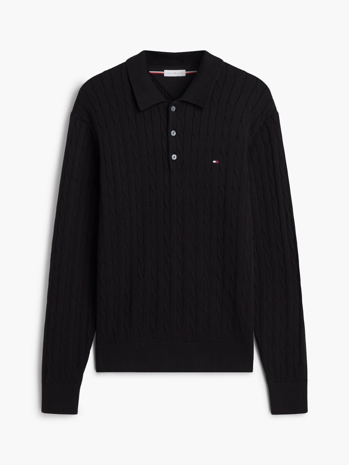 Cable Knit Polo Jumper — Black